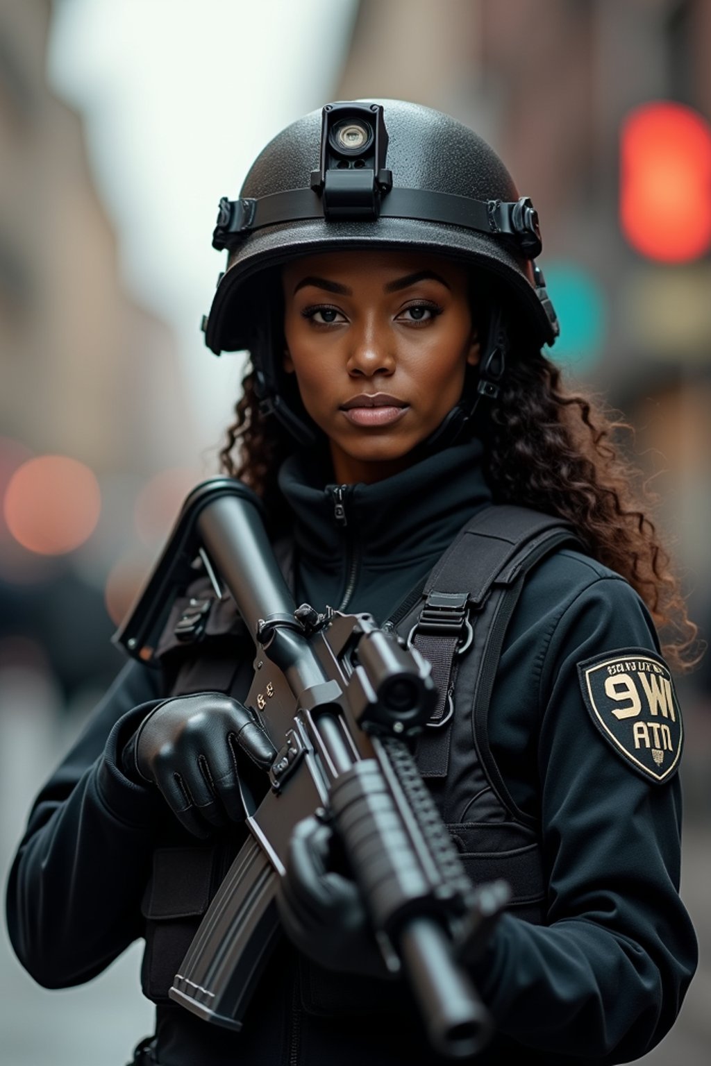 woman as a SWAT Officer. wearing black swat vest, swat helmet, holding pdw