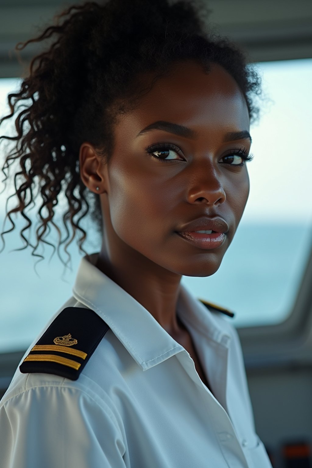 woman as a Navy Officer on a ship. highly detailed