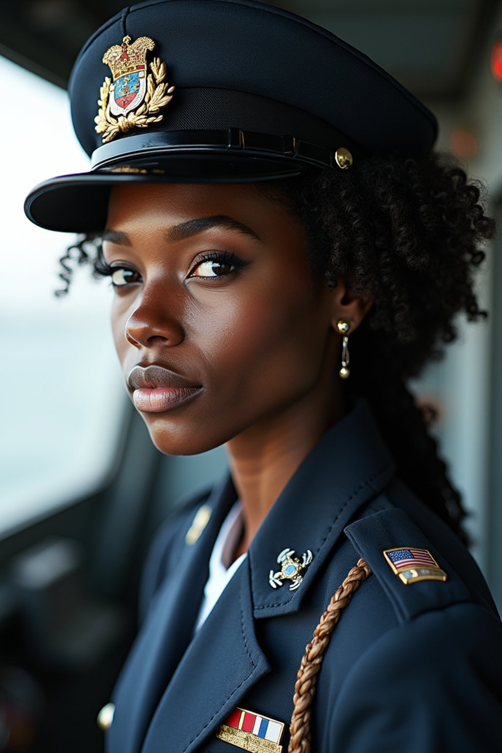 woman as a Navy Officer on a ship. highly detailed