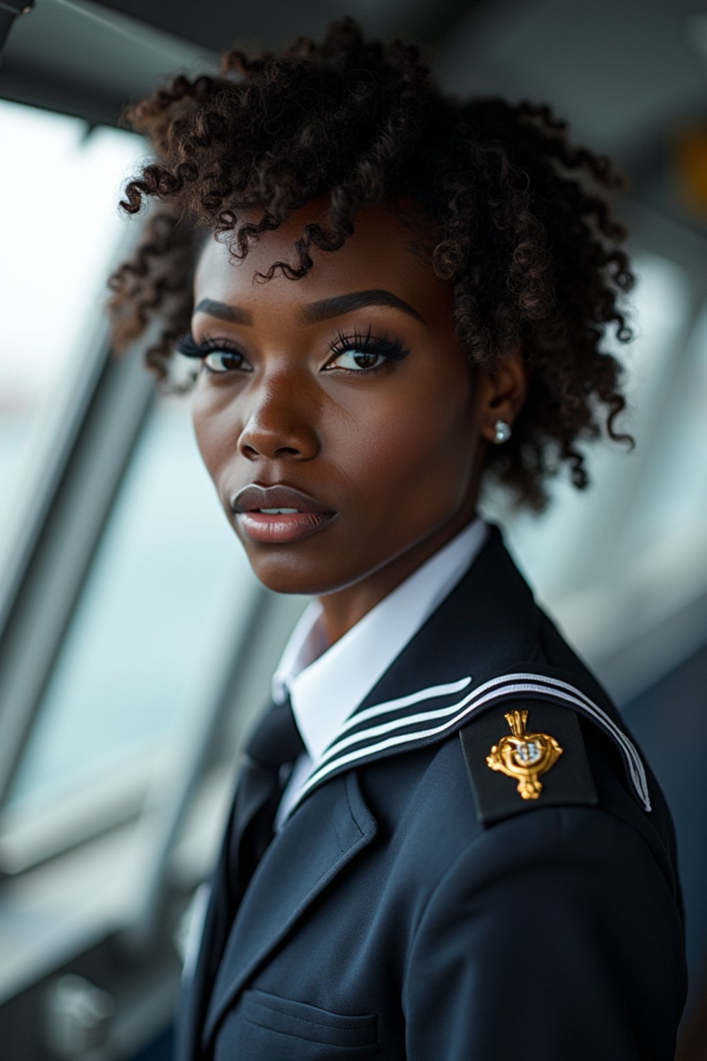 woman as a Navy Officer on a ship. highly detailed