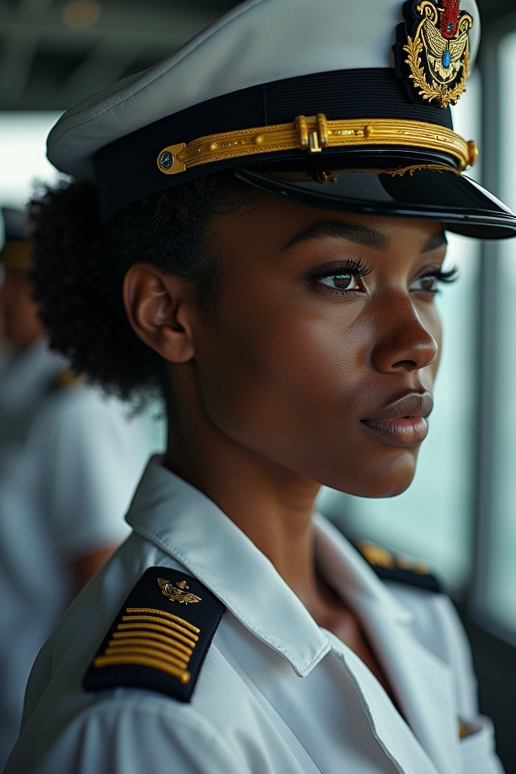 woman as a Navy Officer on a ship. highly detailed