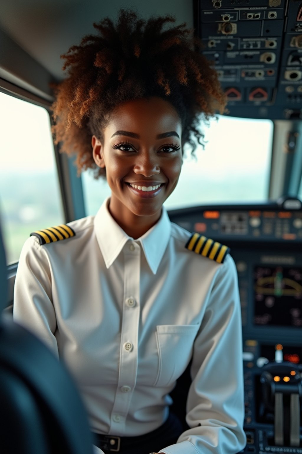 woman as a Airline Pilot inside the Cockpit with white shirt Pilot Uniform