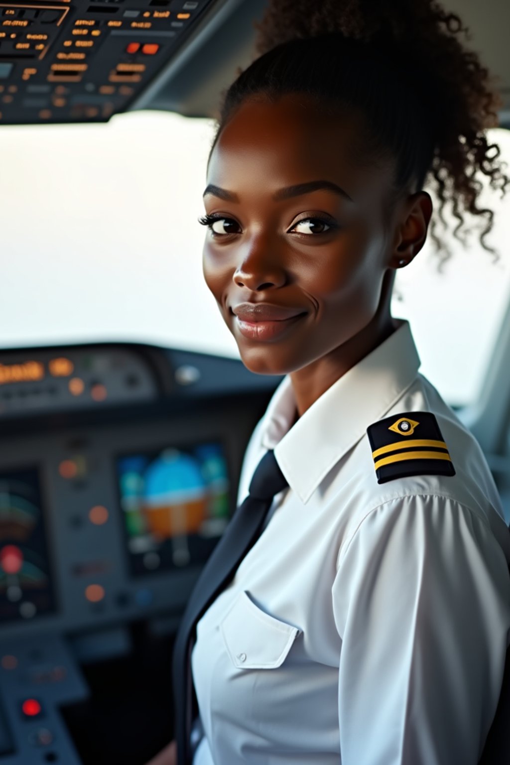 woman as a Airline Pilot inside the Cockpit with white shirt Pilot Uniform