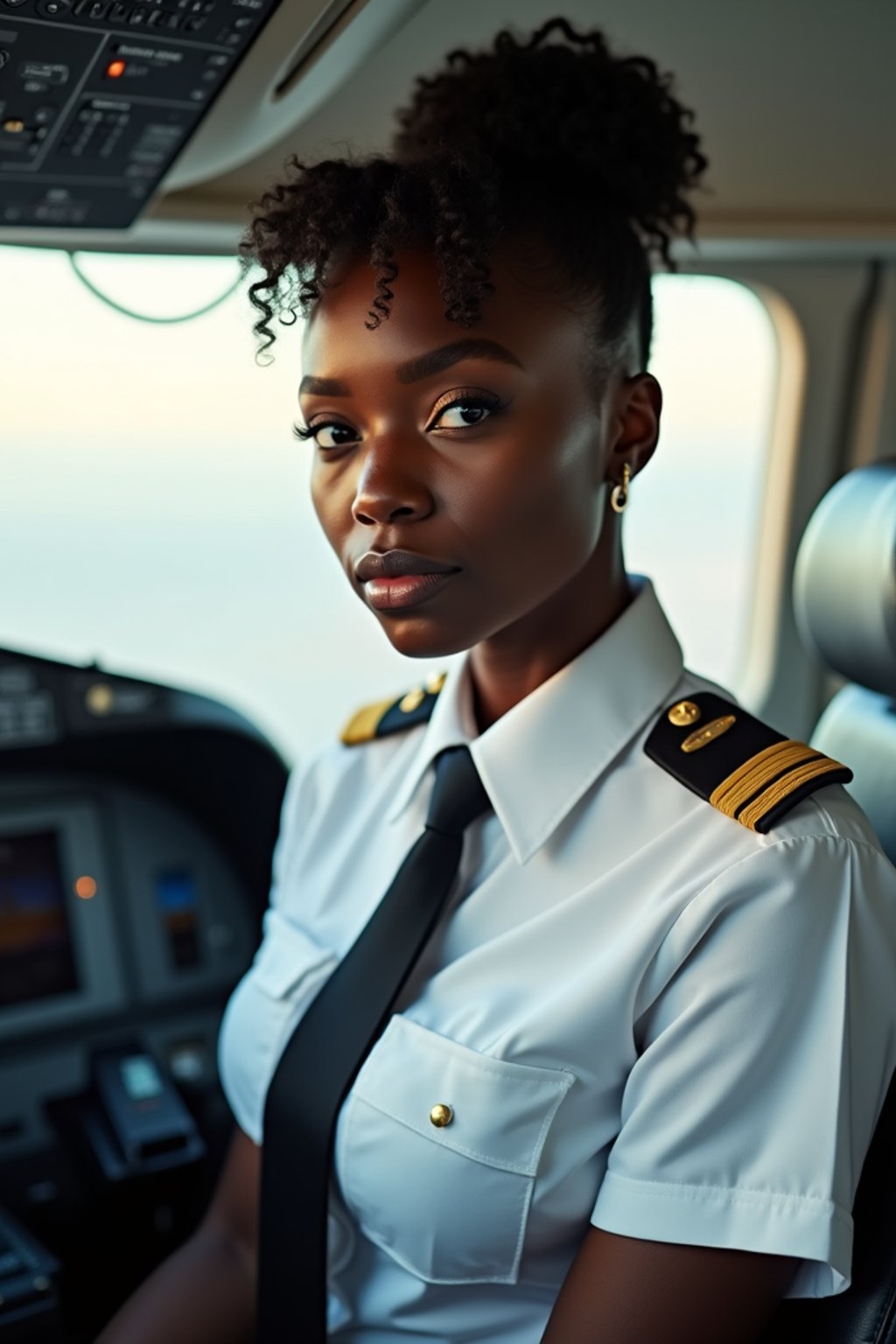 woman as a Airline Pilot inside the Cockpit with white shirt Pilot Uniform