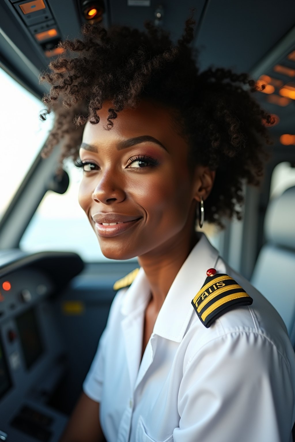 woman as a Airline Pilot inside the Cockpit with white shirt Pilot Uniform