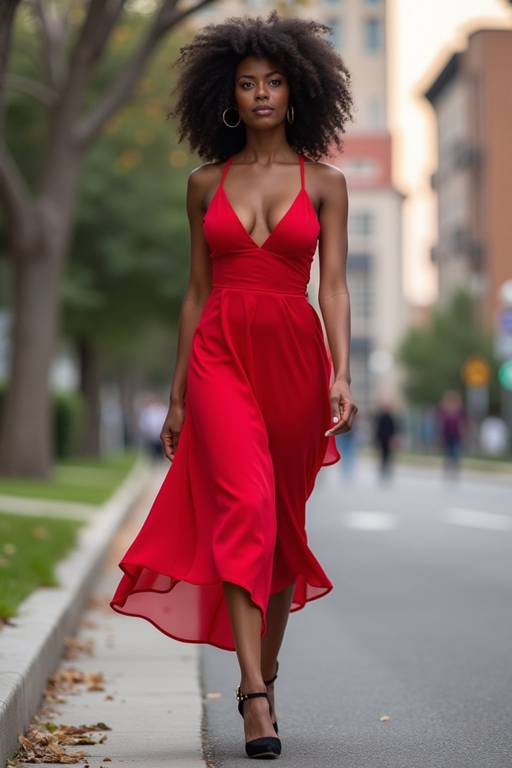 woman in red  dress showing cleavage walking on the curb in black  high heels