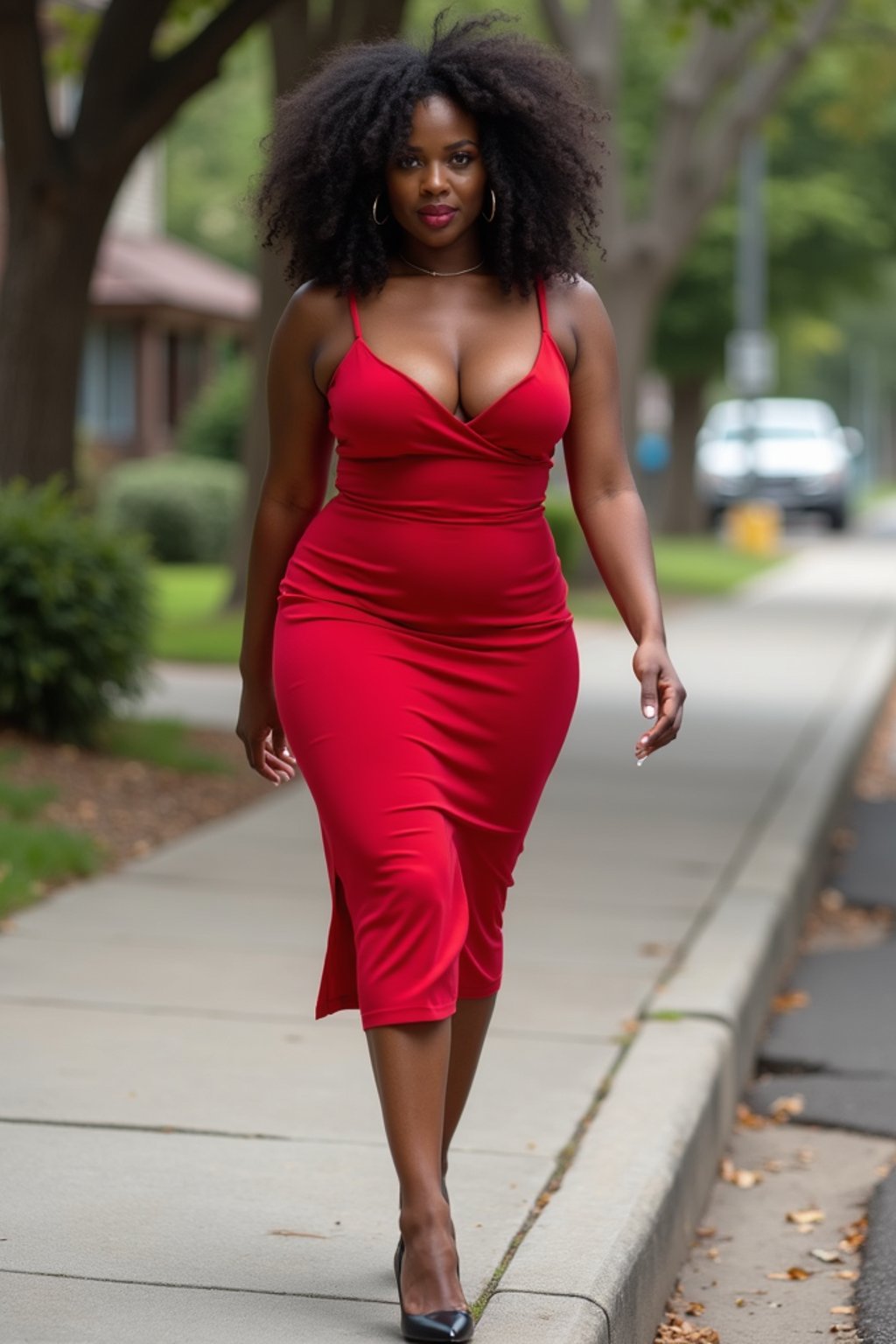 woman in red  dress showing cleavage walking on the curb in black  high heels