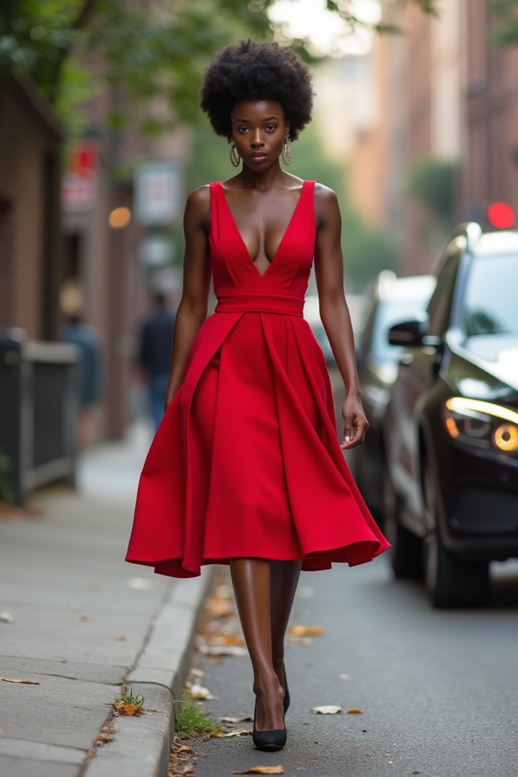 woman in red  dress showing cleavage walking on the curb in black  high heels