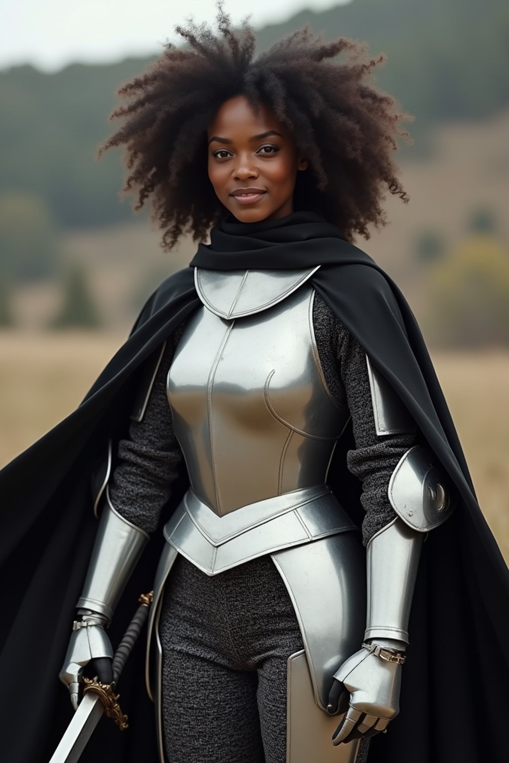 happy woman as a Medieval Knight in silver armor, wearing a black elegant cape flowing in the wind, the knight holds a sword in one hand