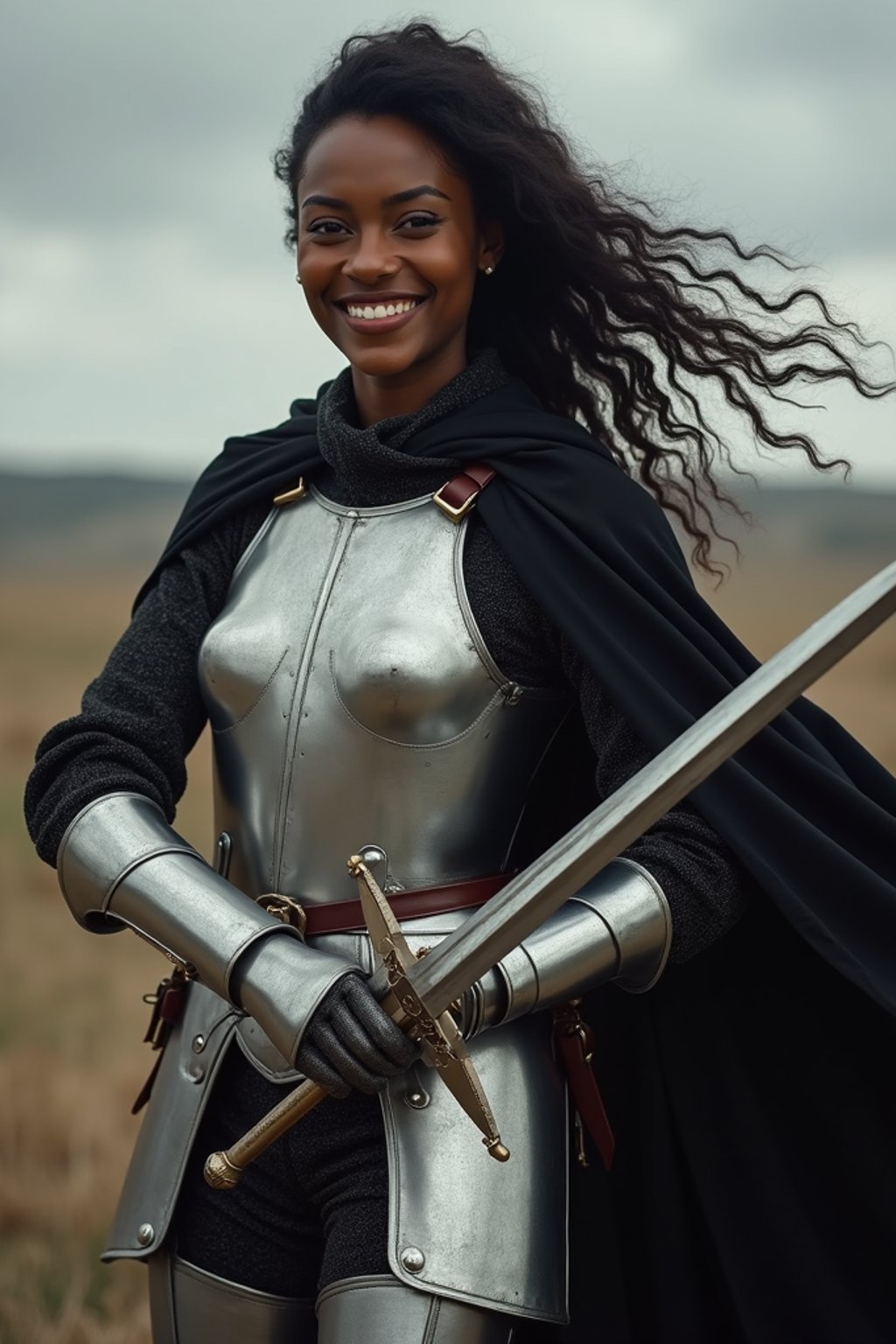 happy woman as a Medieval Knight in silver armor, wearing a black elegant cape flowing in the wind, the knight holds a sword in one hand