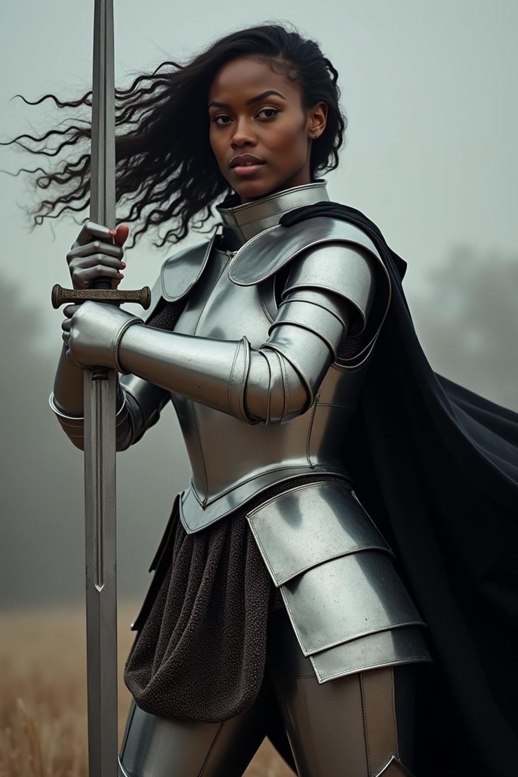 happy woman as a Medieval Knight in silver armor, wearing a black elegant cape flowing in the wind, the knight holds a sword in one hand