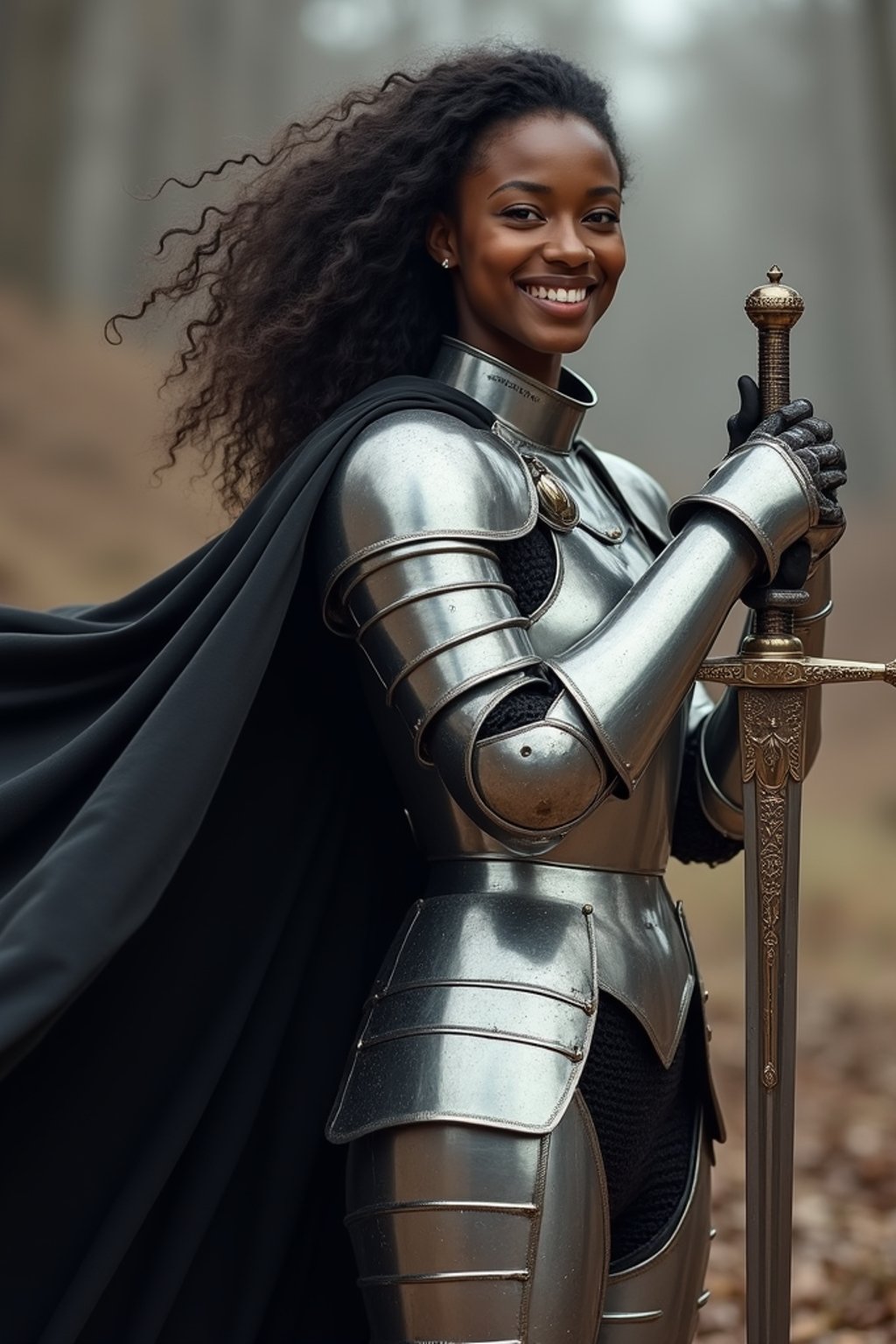 happy woman as a Medieval Knight in silver armor, wearing a black elegant cape flowing in the wind, the knight holds a sword in one hand