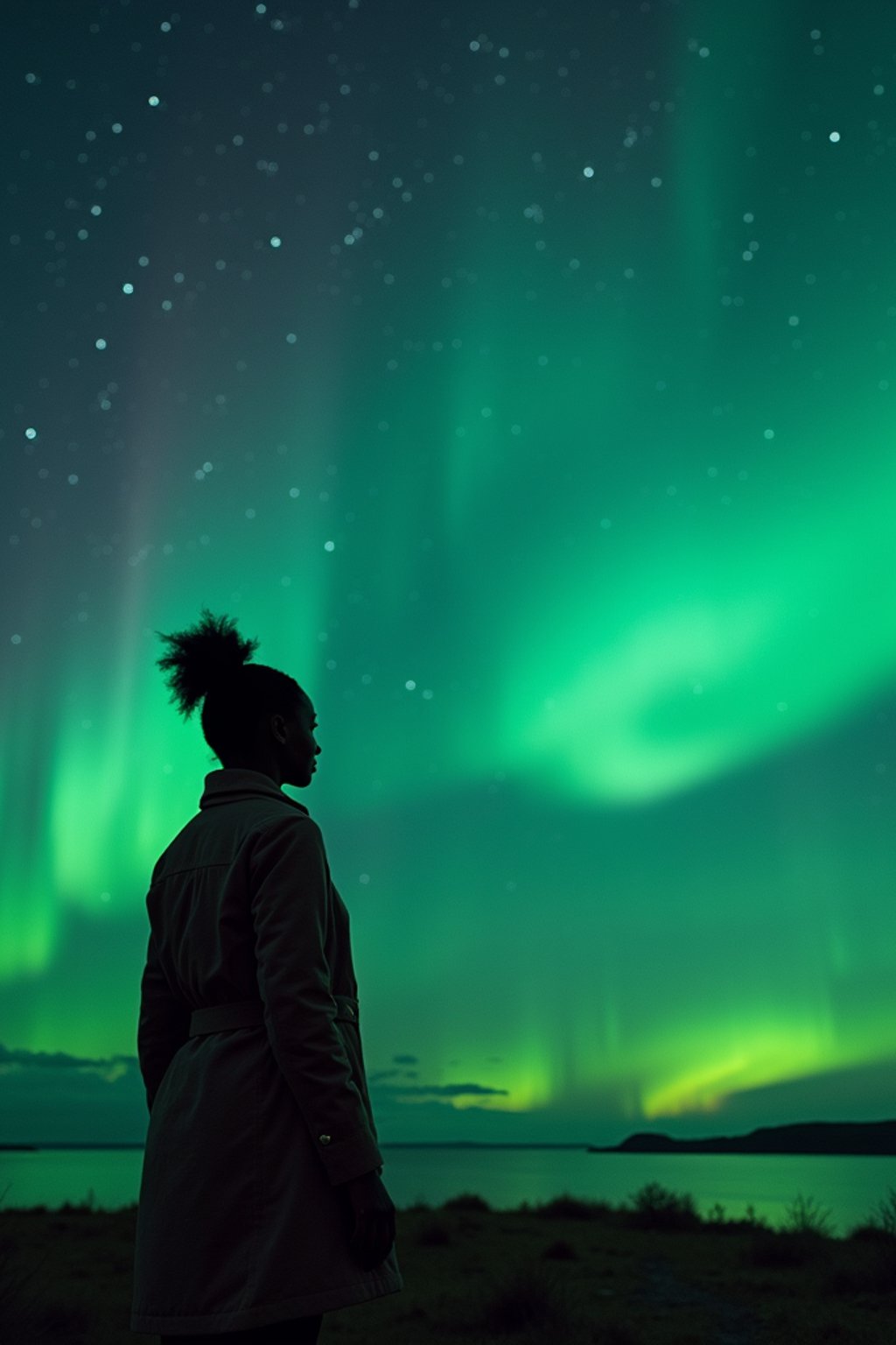 woman at night at the Northern Lights Aurora Borealis