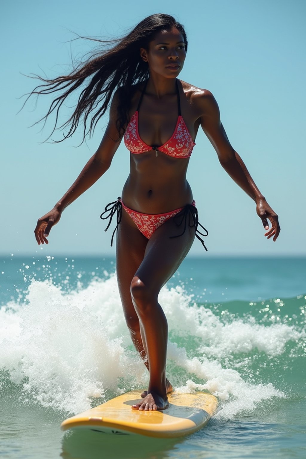 woman as a Professional Surfer wearing swimwear on a Surf Board surfing in the ocean