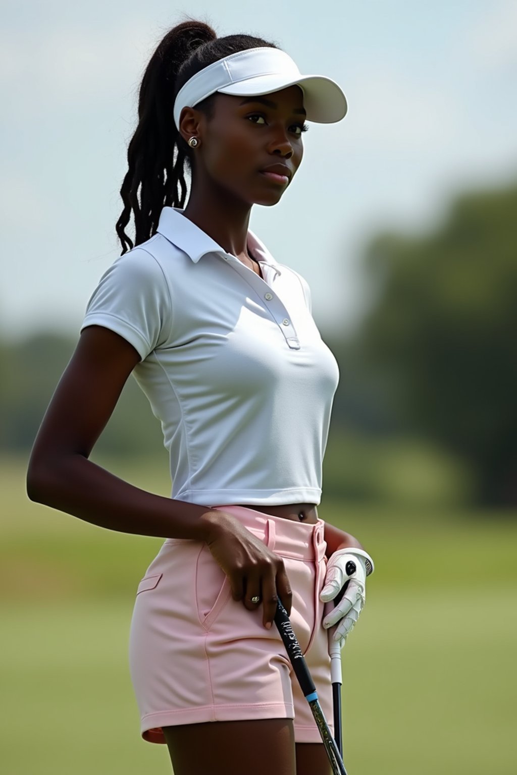 woman as a Golfer on the Golf Course holding Golf Club wearing golf shorts or golf skirt, a collared shirt, golf pants