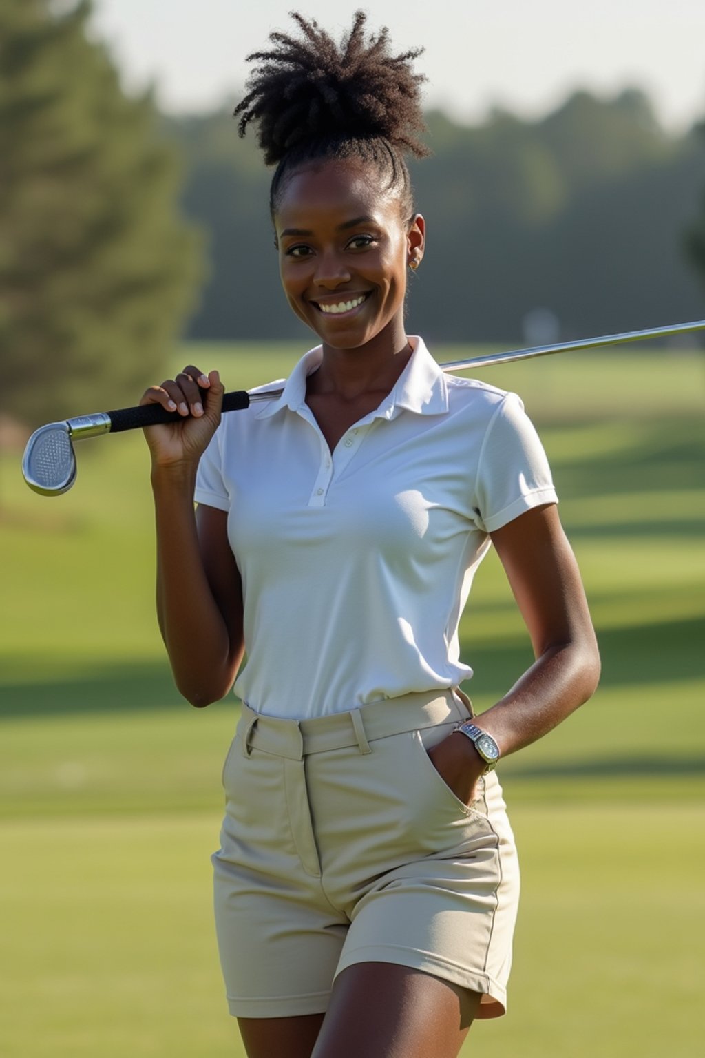 woman as a Golfer on the Golf Course holding Golf Club wearing golf shorts or golf skirt, a collared shirt, golf pants