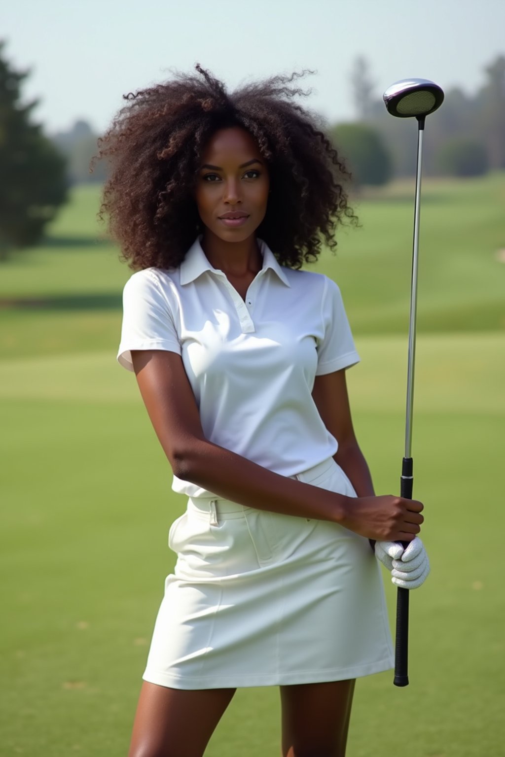 woman as a Golfer on the Golf Course holding Golf Club wearing golf shorts or golf skirt, a collared shirt, golf pants