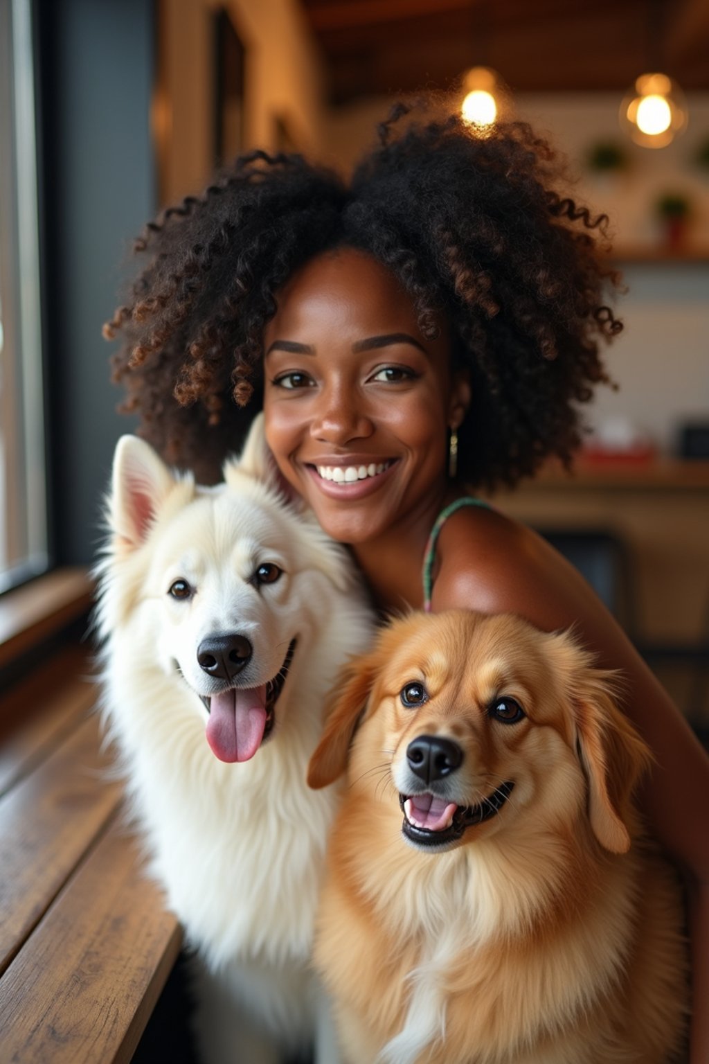 woman in a Dog Cafe with many cute Samoyed and Golden Retriever dogs