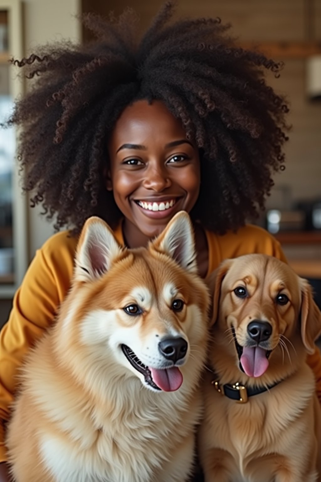 woman in a Dog Cafe with many cute Samoyed and Golden Retriever dogs