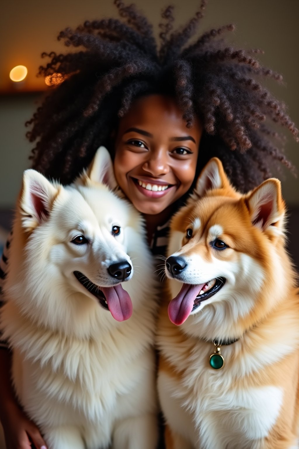 woman in a Dog Cafe with many cute Samoyed and Golden Retriever dogs