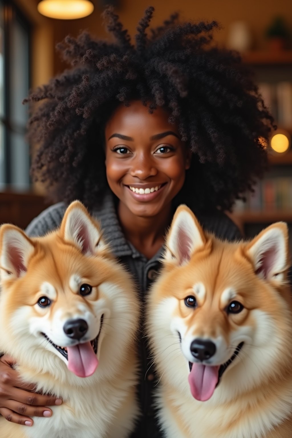 woman in a Dog Cafe with many cute Samoyed and Golden Retriever dogs