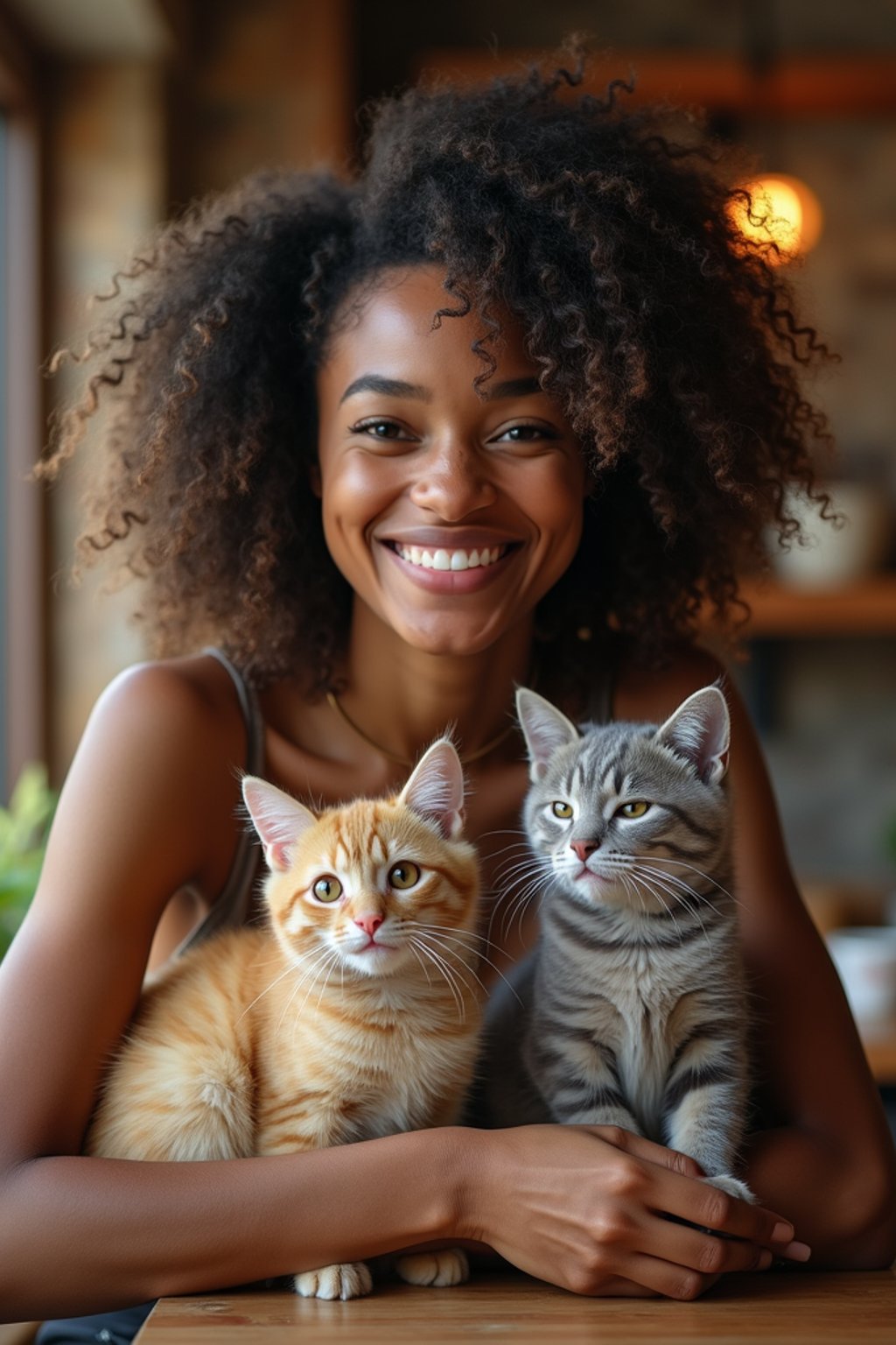 woman in a Cat Cafe with many cute Cats and Kittens around them