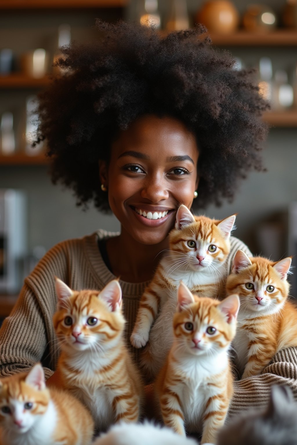 woman in a Cat Cafe with many cute Cats and Kittens around them