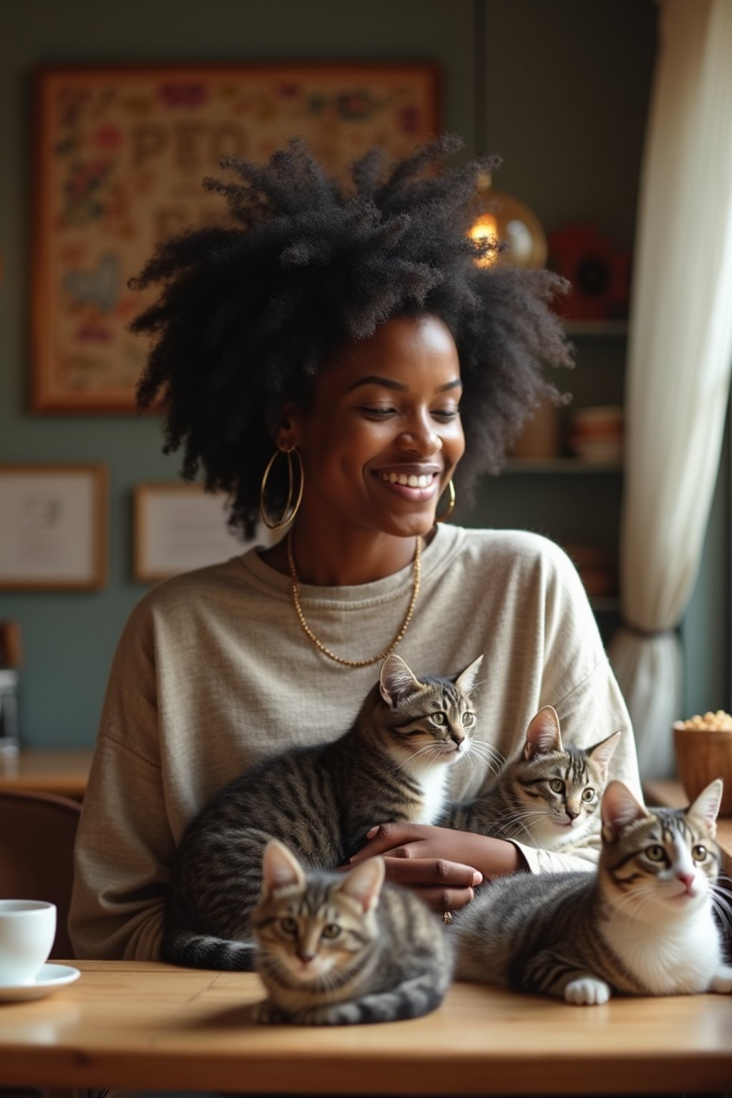 woman in a Cat Cafe with many cute Cats and Kittens around them