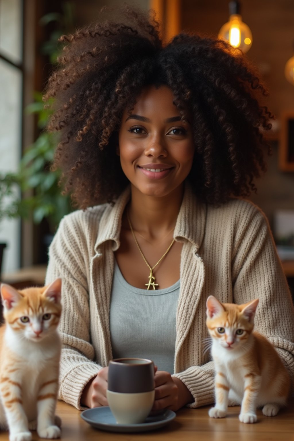 woman in a Cat Cafe with many cute Cats and Kittens around them