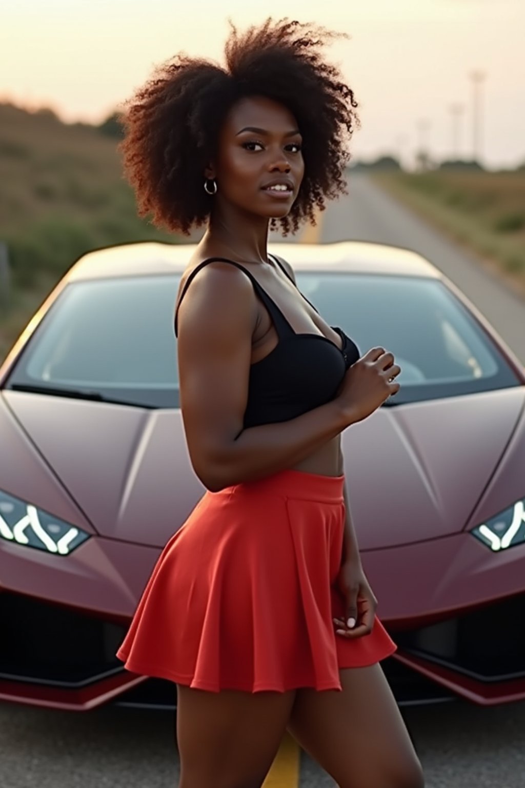 woman  wearing mini skirt posing in front of a sports car