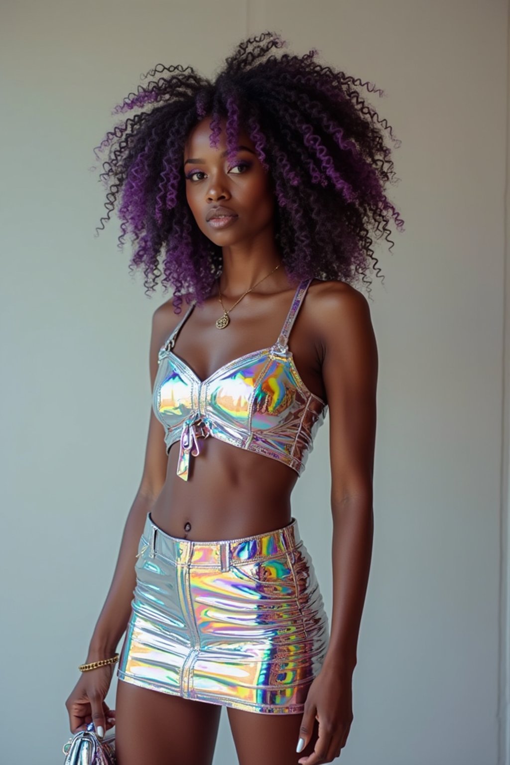 woman in holographic style, wearing  holographic shiny mini skirt, holographic shiny crop top, holographic shiny purse, holographic heels, holographic hair