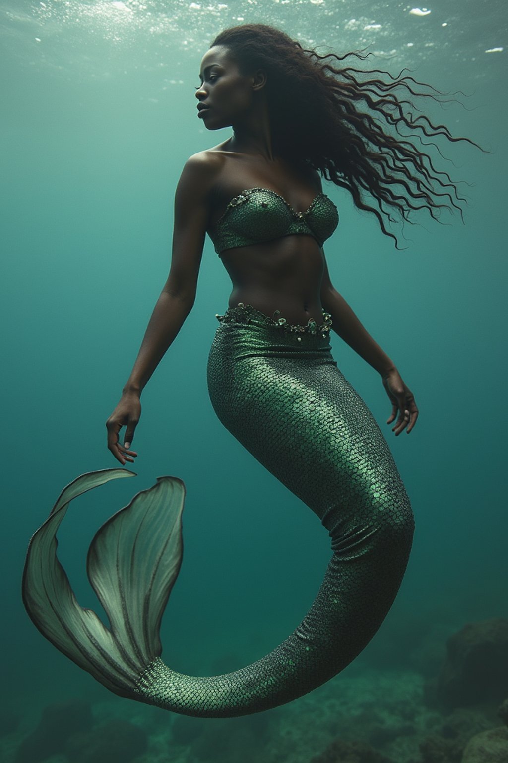 woman as a Mermaid the head and upper body of a human and the tail of a fish