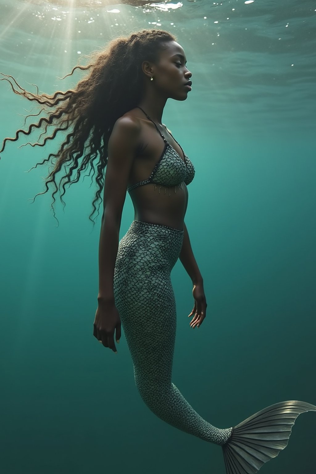 woman as a Mermaid the head and upper body of a human and the tail of a fish