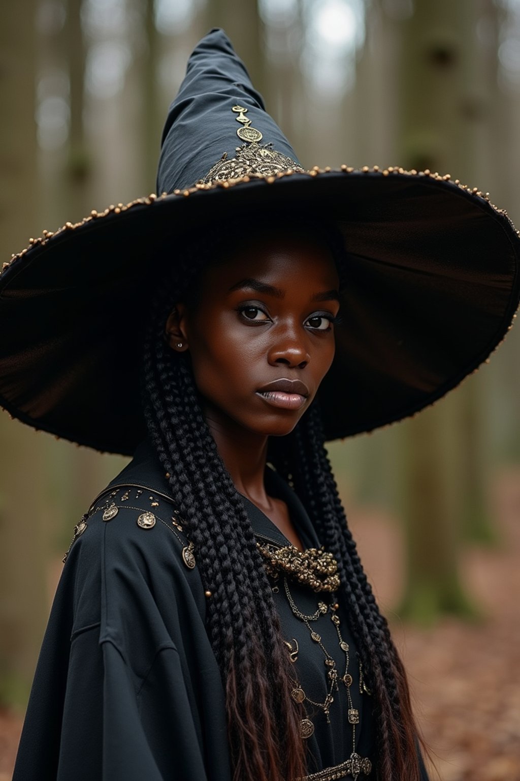 woman as a Witch with a Alewife witch hat in the 14th century doing withcraft