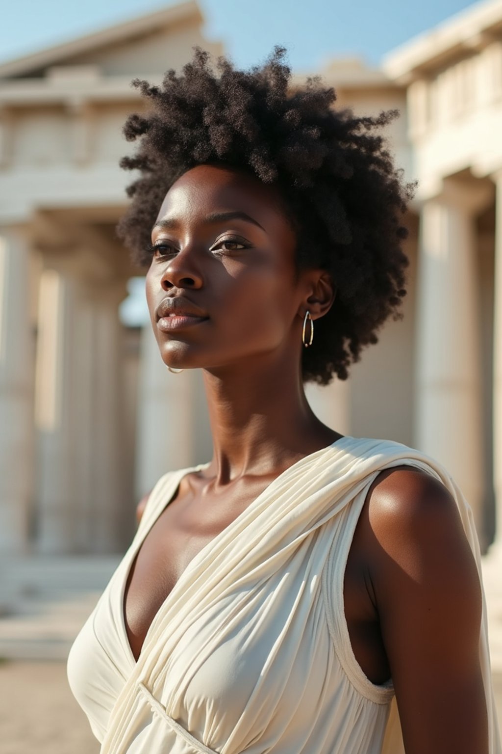 woman as Ancient Greek philosopher in 500 B.C., Ancient Roman white clean new temple in background