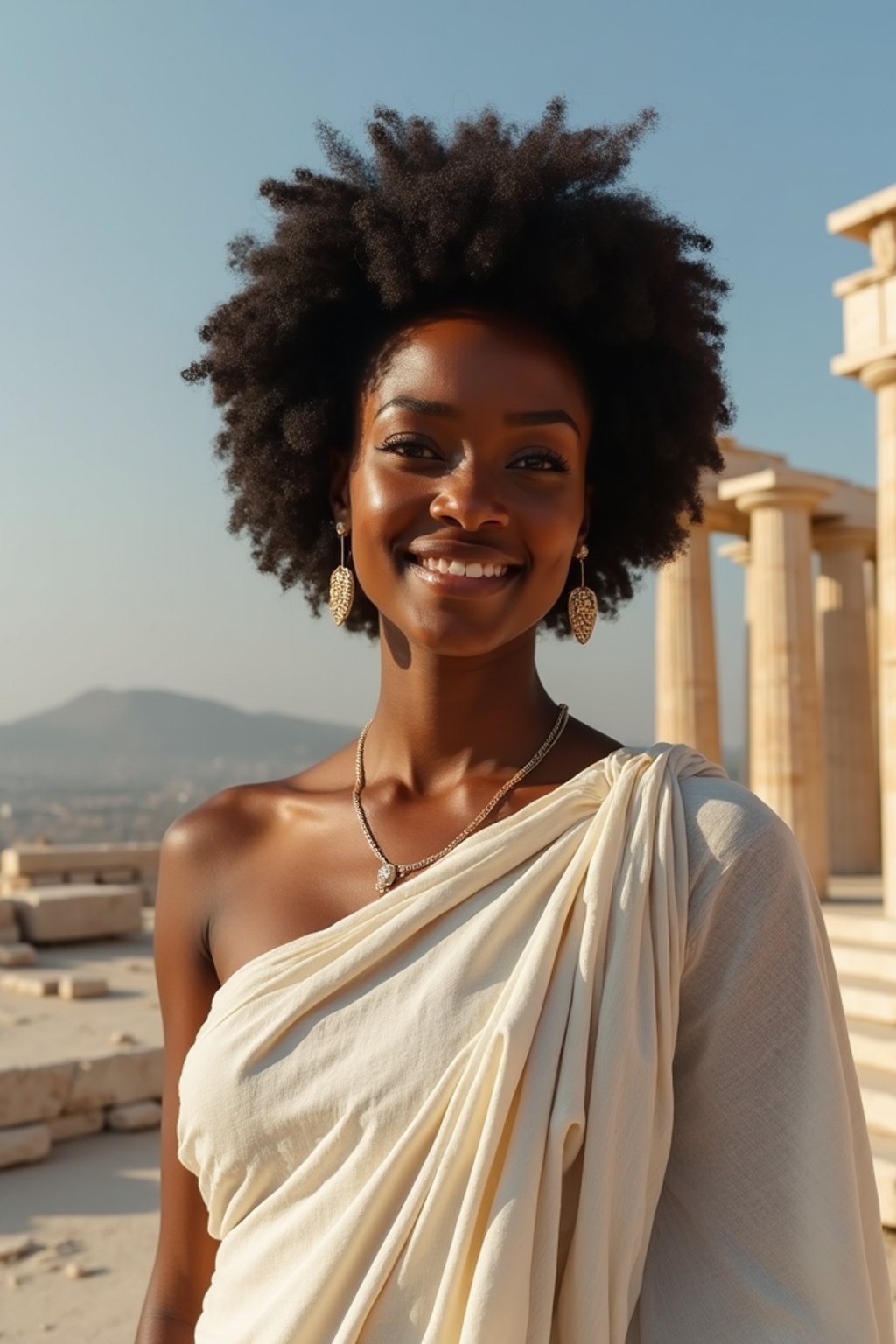 woman as Ancient Greek philosopher in 500 B.C., Ancient Roman white clean new temple in background