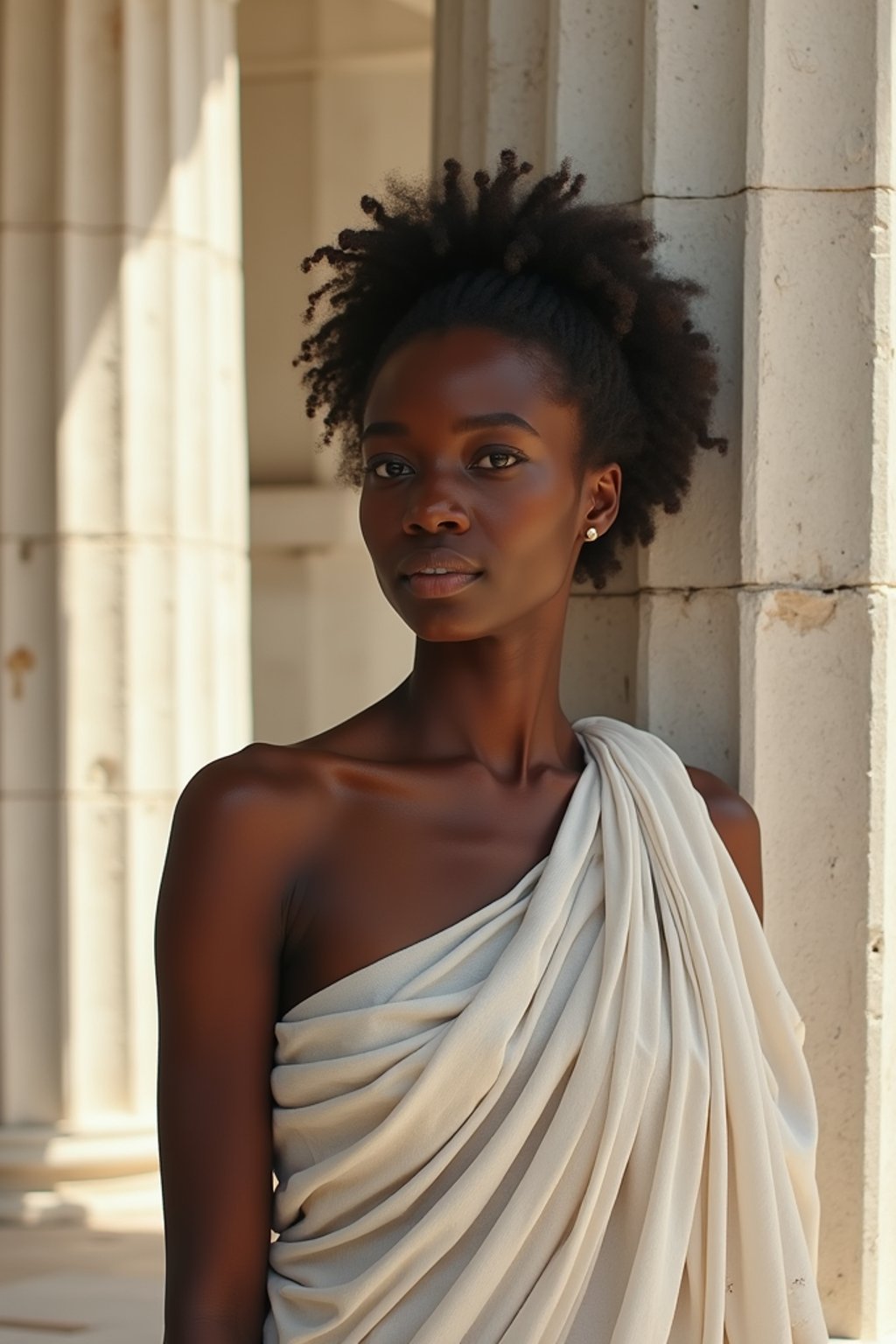 woman as Ancient Greek philosopher in 500 B.C., Ancient Roman white clean new temple in background