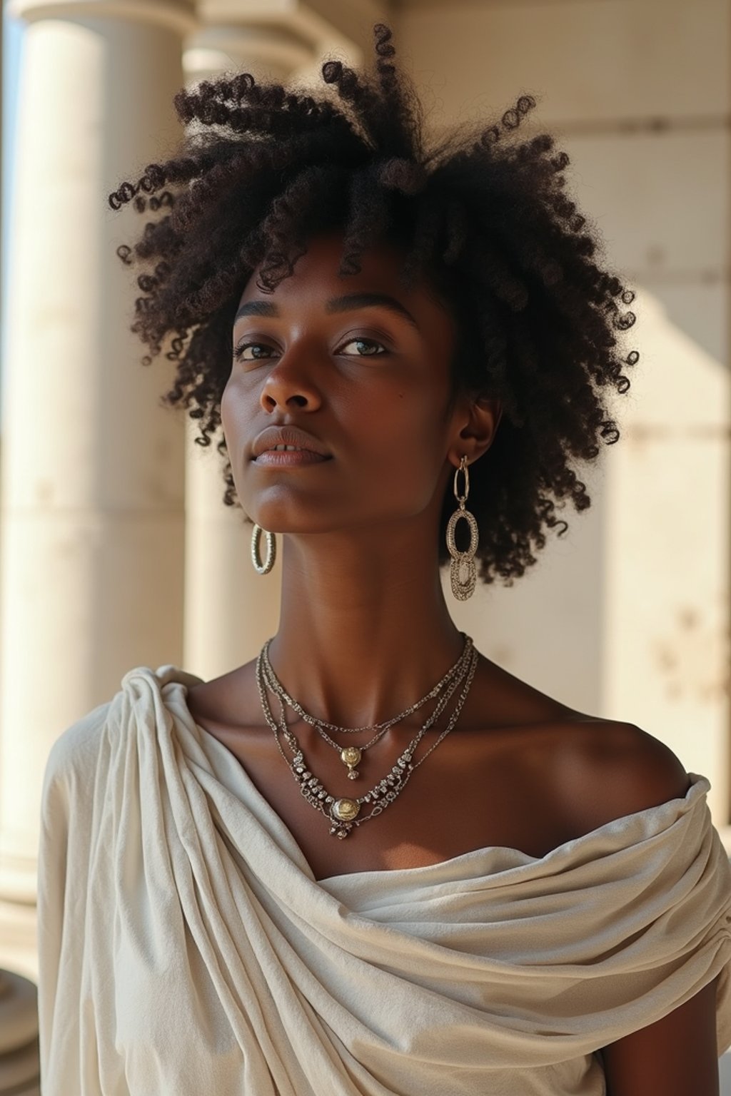 woman as Ancient Greek philosopher in 500 B.C., Ancient Roman white clean new temple in background