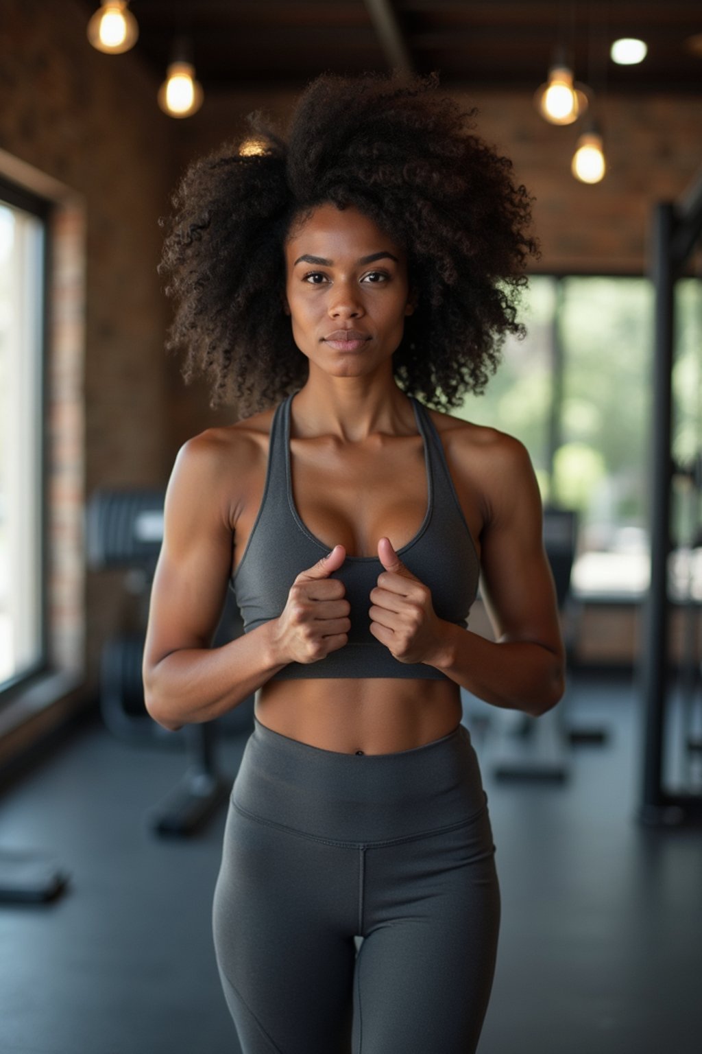 woman in  dark gray yoga pants and sports top in the fitness gym working out