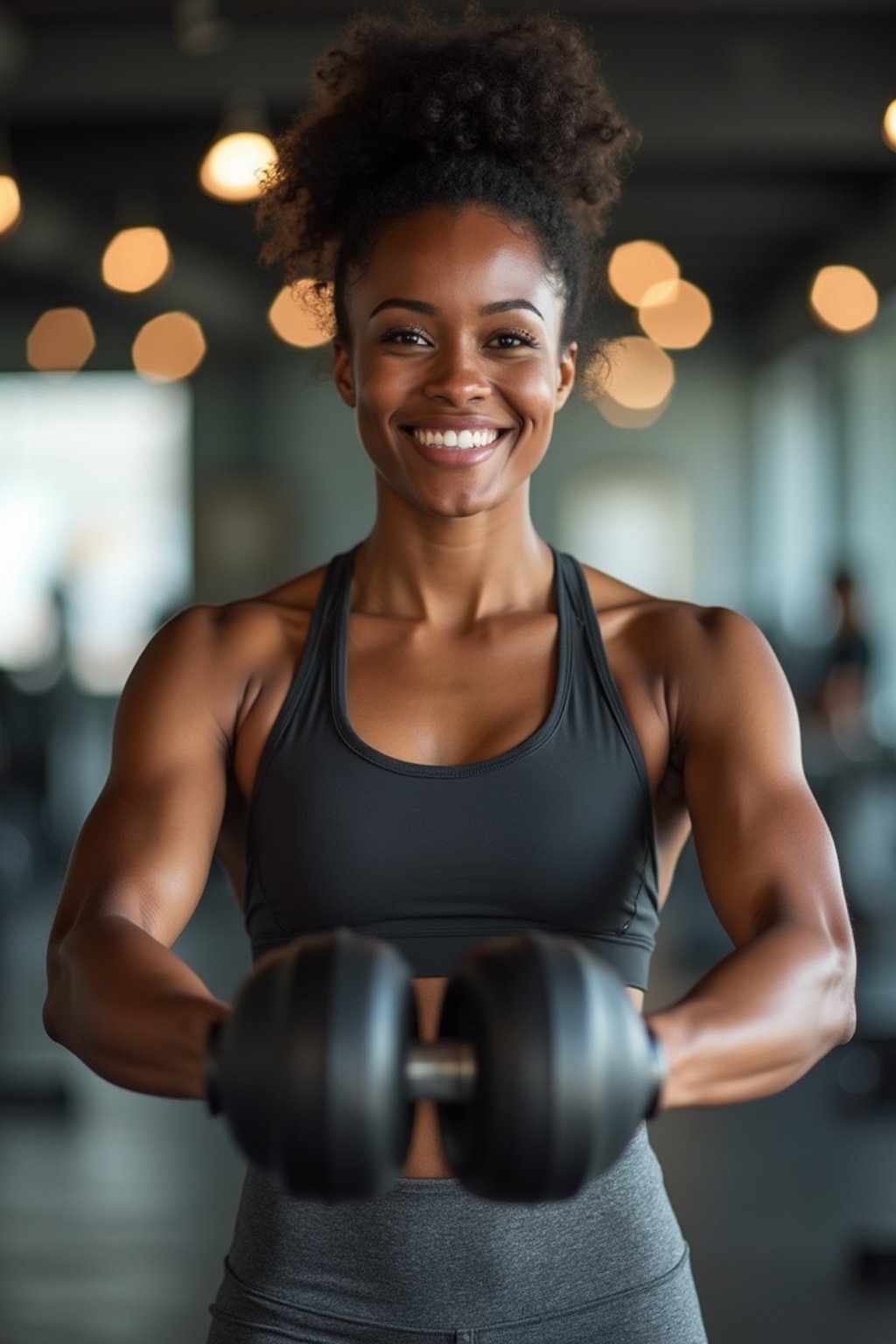 woman in  dark gray yoga pants and sports top in the fitness gym working out