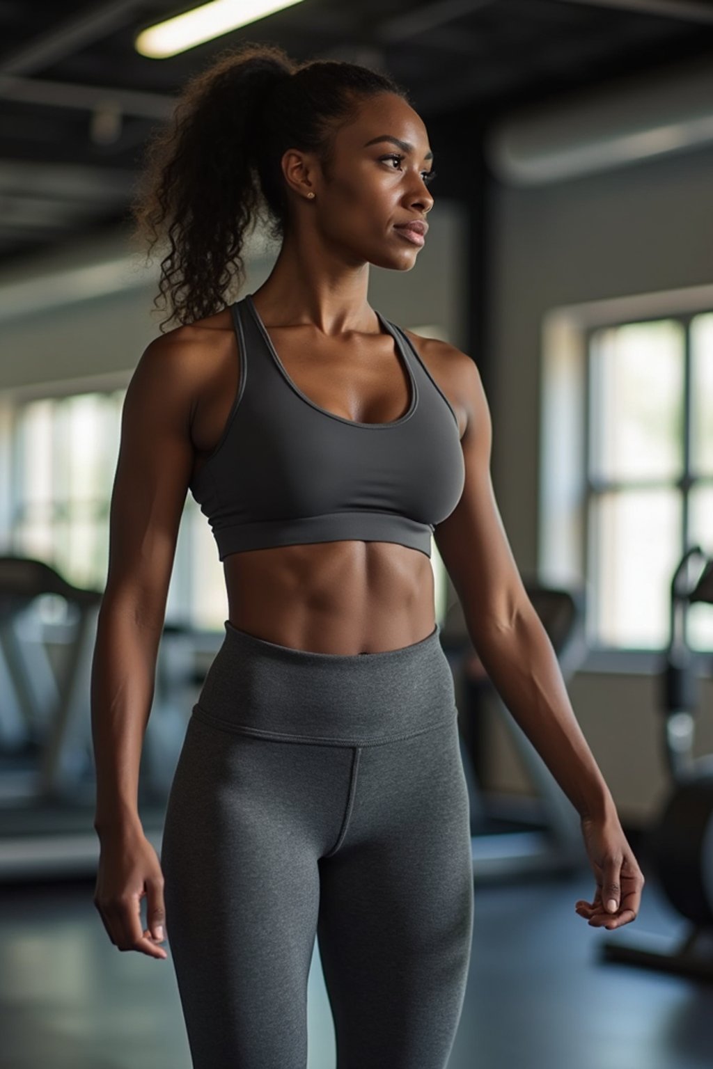 woman in  dark gray yoga pants and sports top in the fitness gym working out