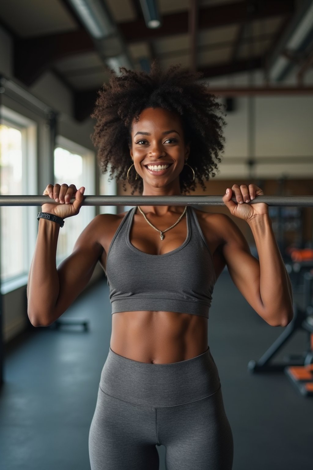 woman in  dark gray yoga pants and sports top in the fitness gym working out