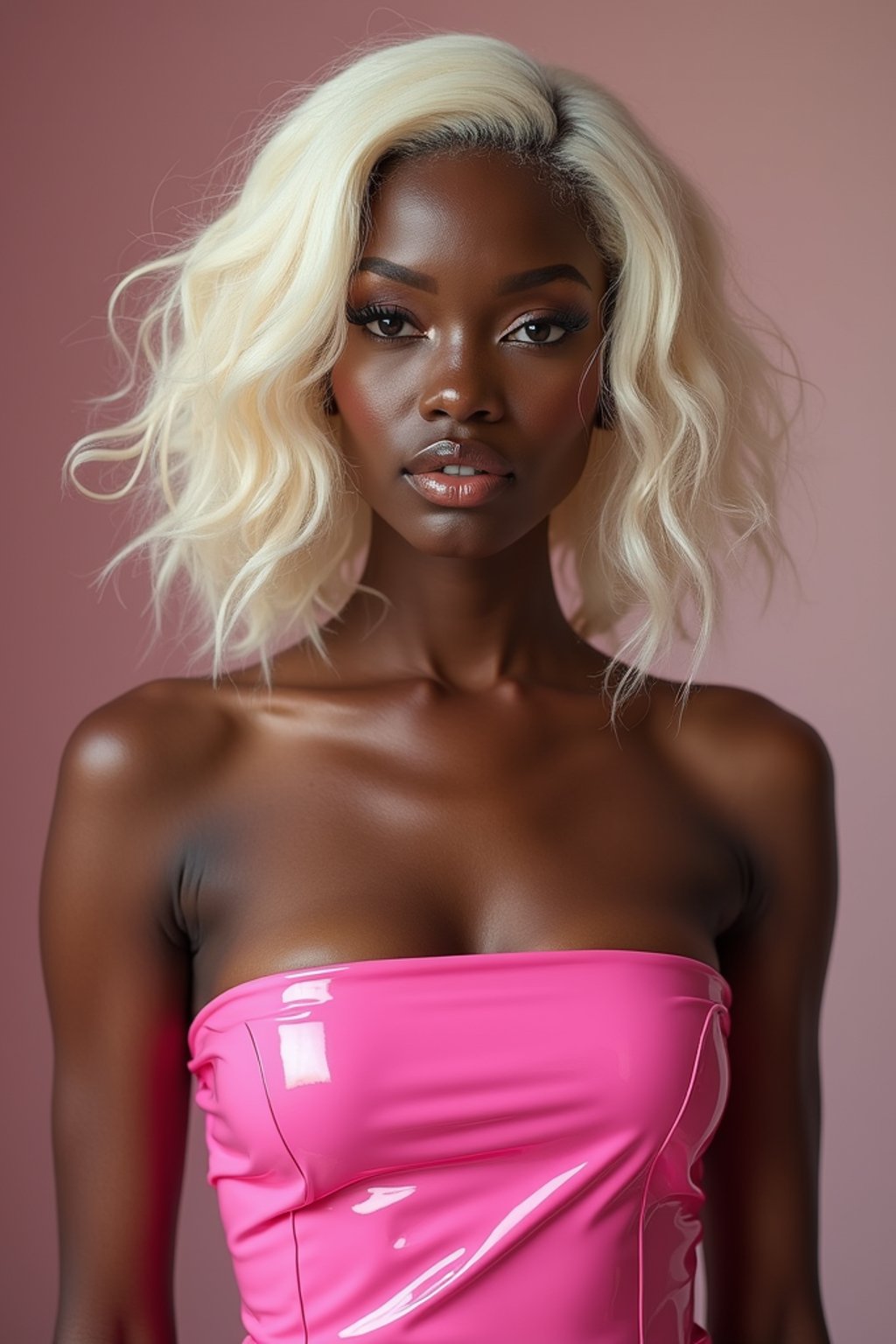 woman as with platinum blonde hair and pink latex skirt