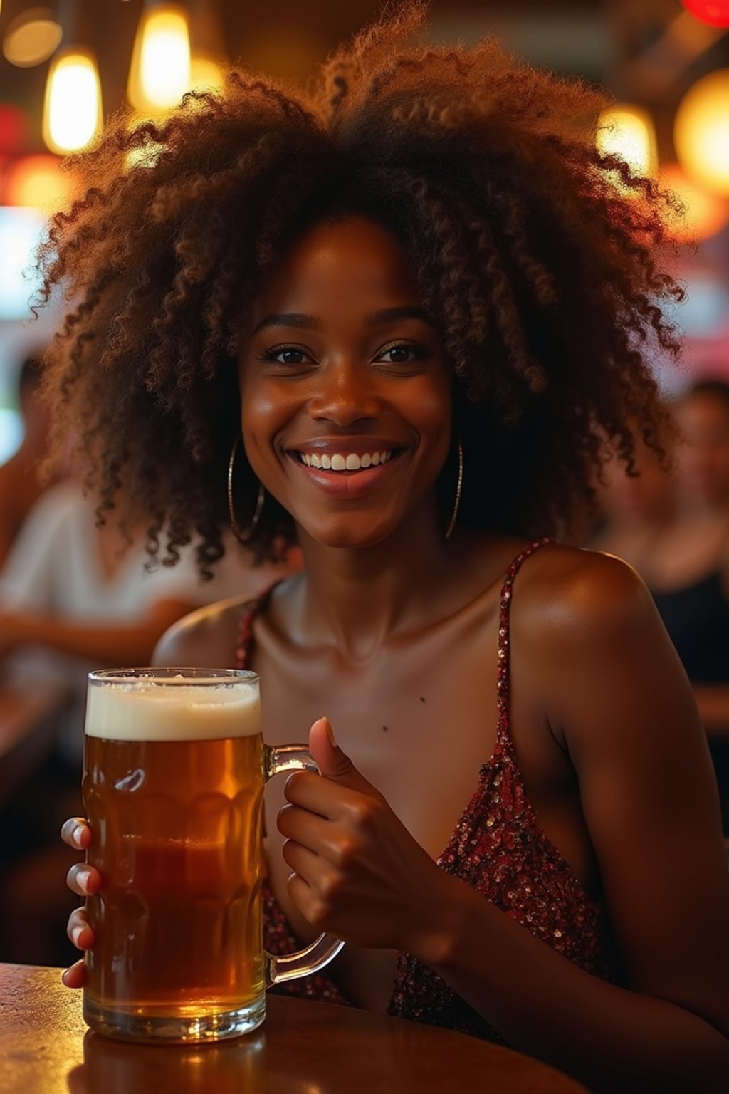 woman in a busy bar drinking beer. holding an intact pint glass mug of beer