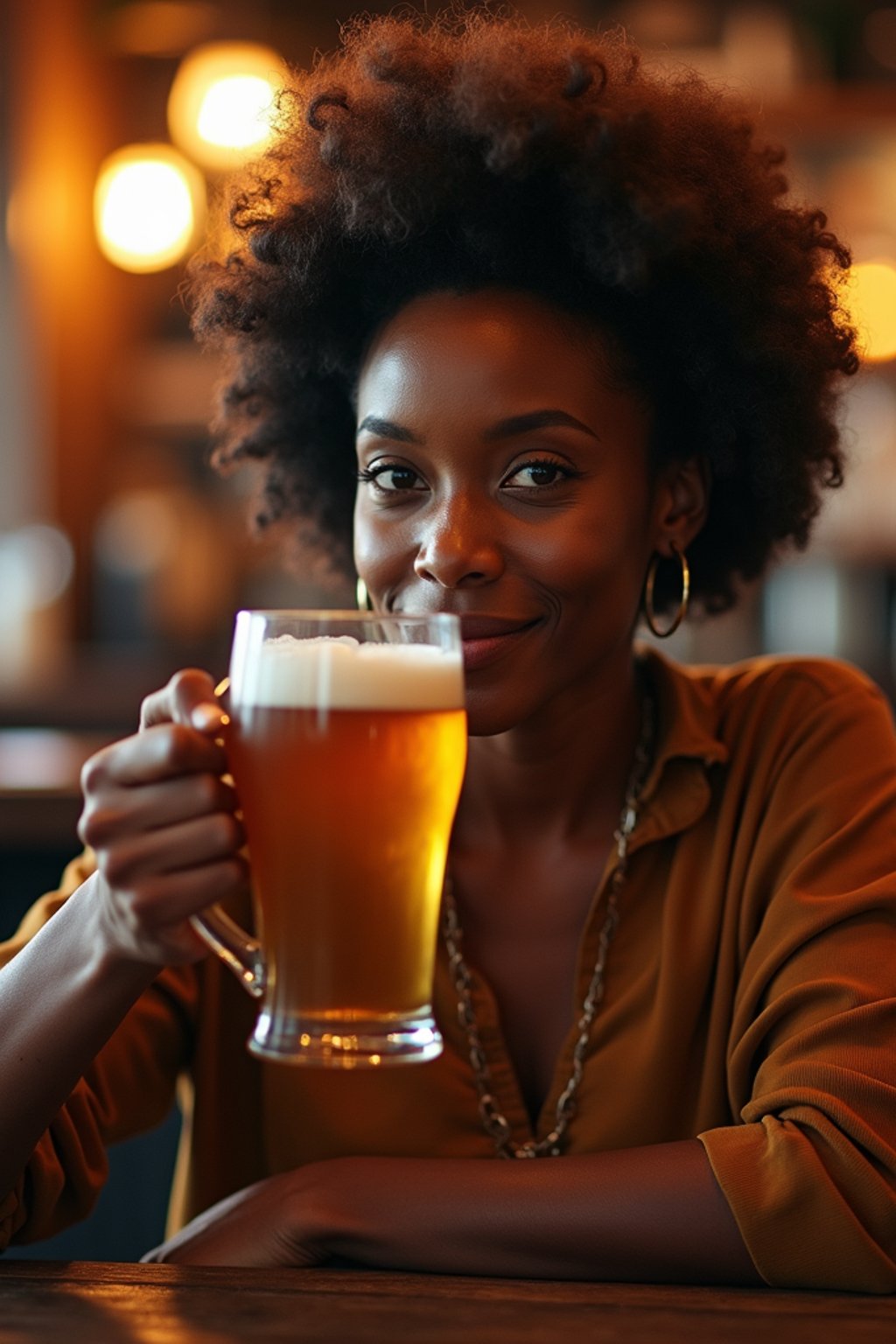 woman in a busy bar drinking beer. holding an intact pint glass mug of beer