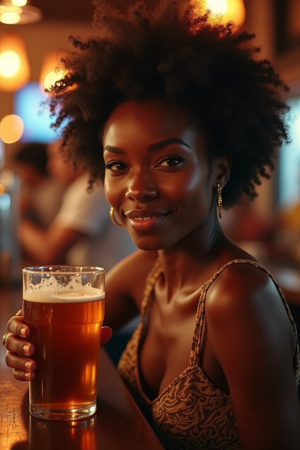 woman in a busy bar drinking beer. holding an intact pint glass mug of beer