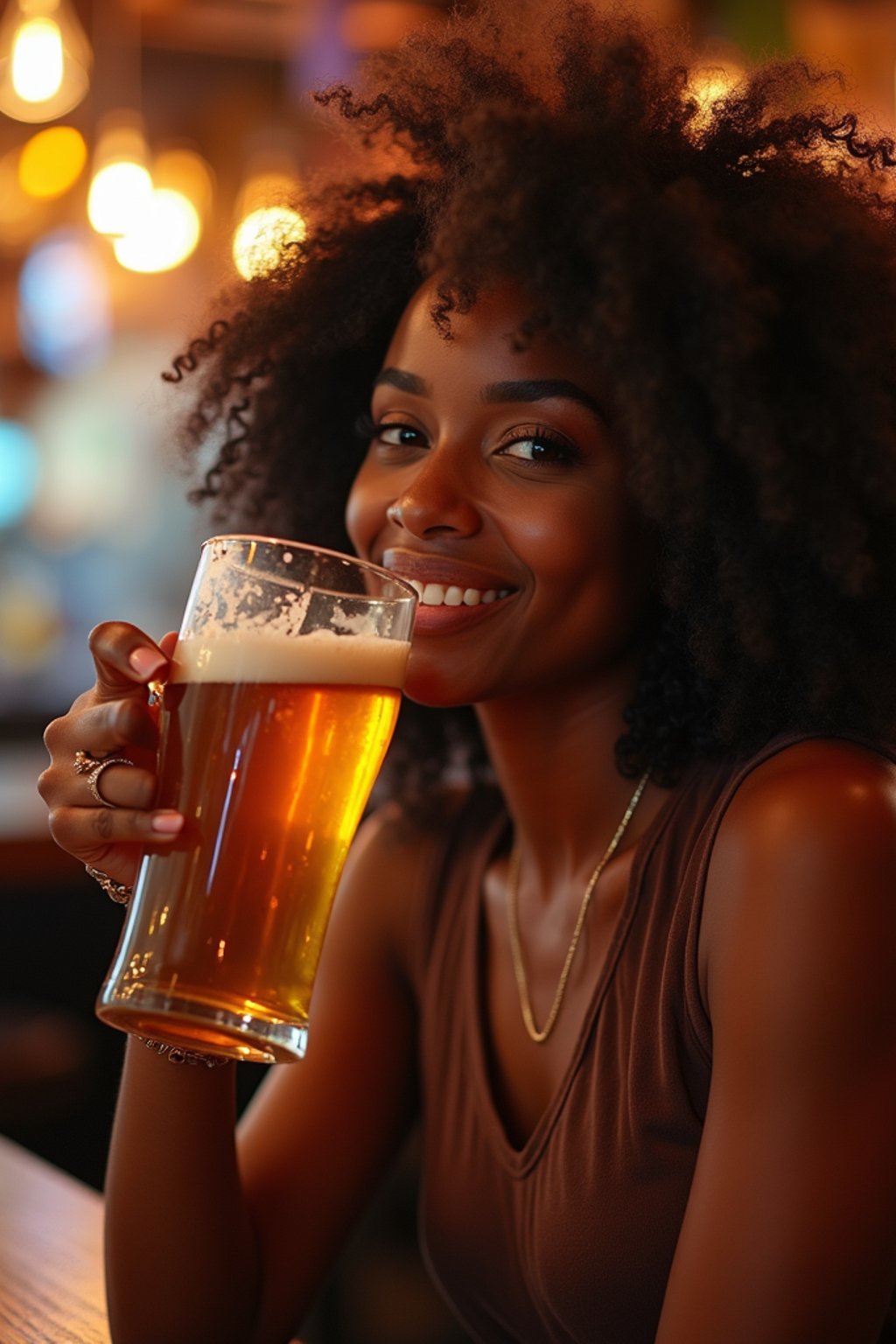 woman in a busy bar drinking beer. holding an intact pint glass mug of beer