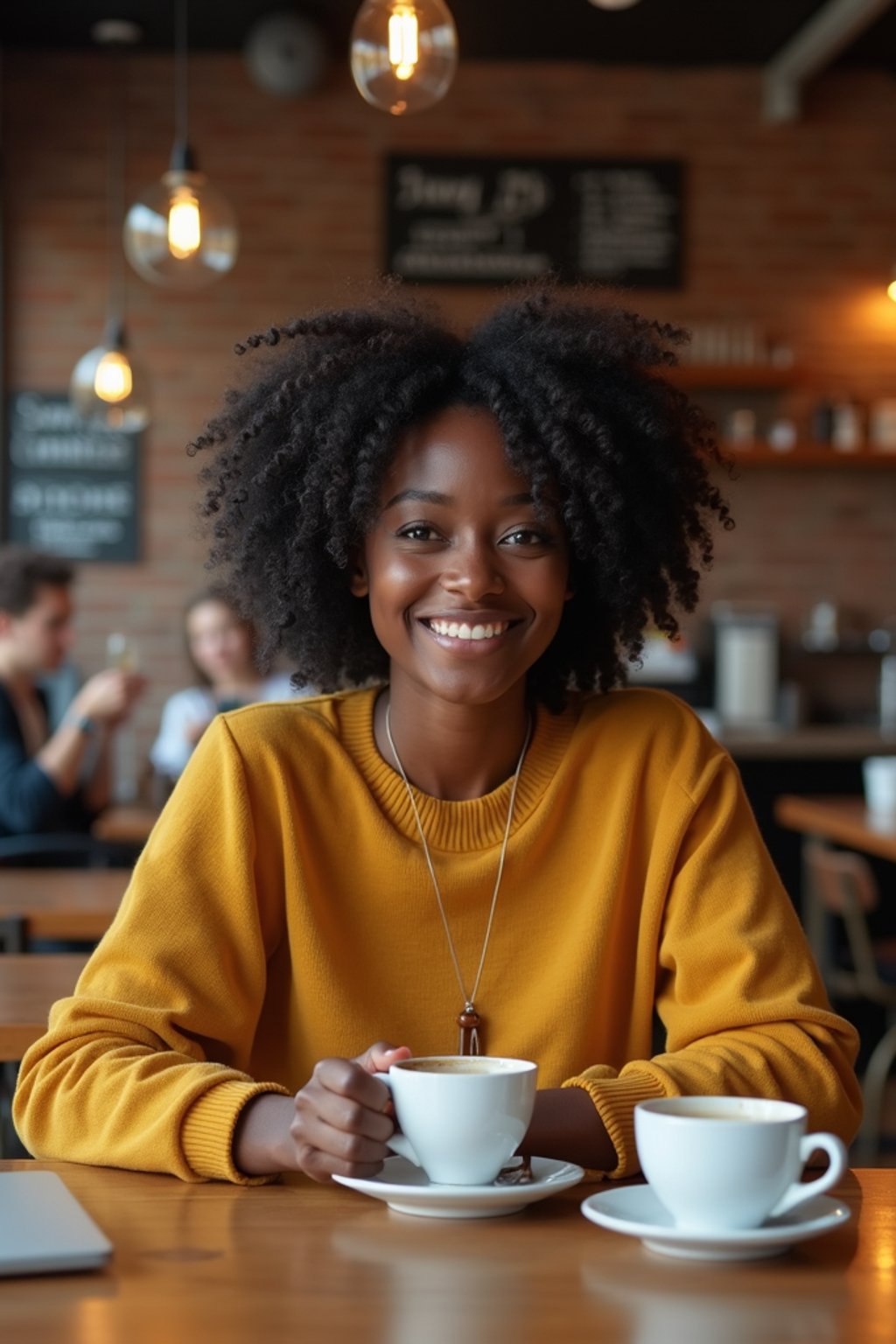 woman in hipster coffee place with coffee cup on table