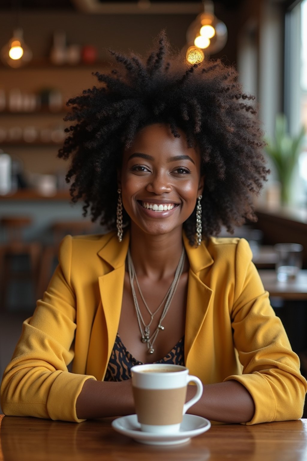 woman in hipster coffee place with coffee cup on table