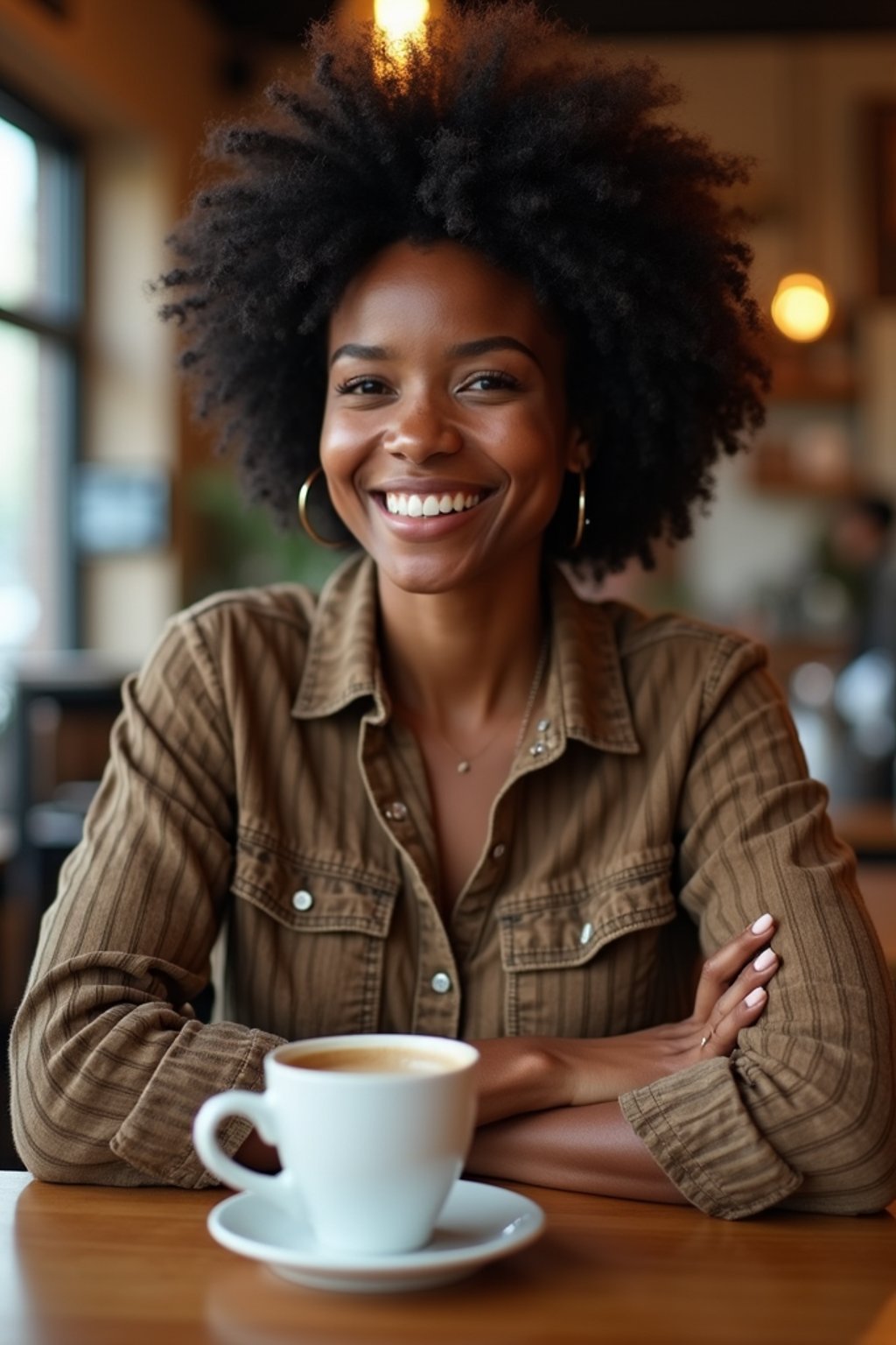 woman in hipster coffee place with coffee cup on table